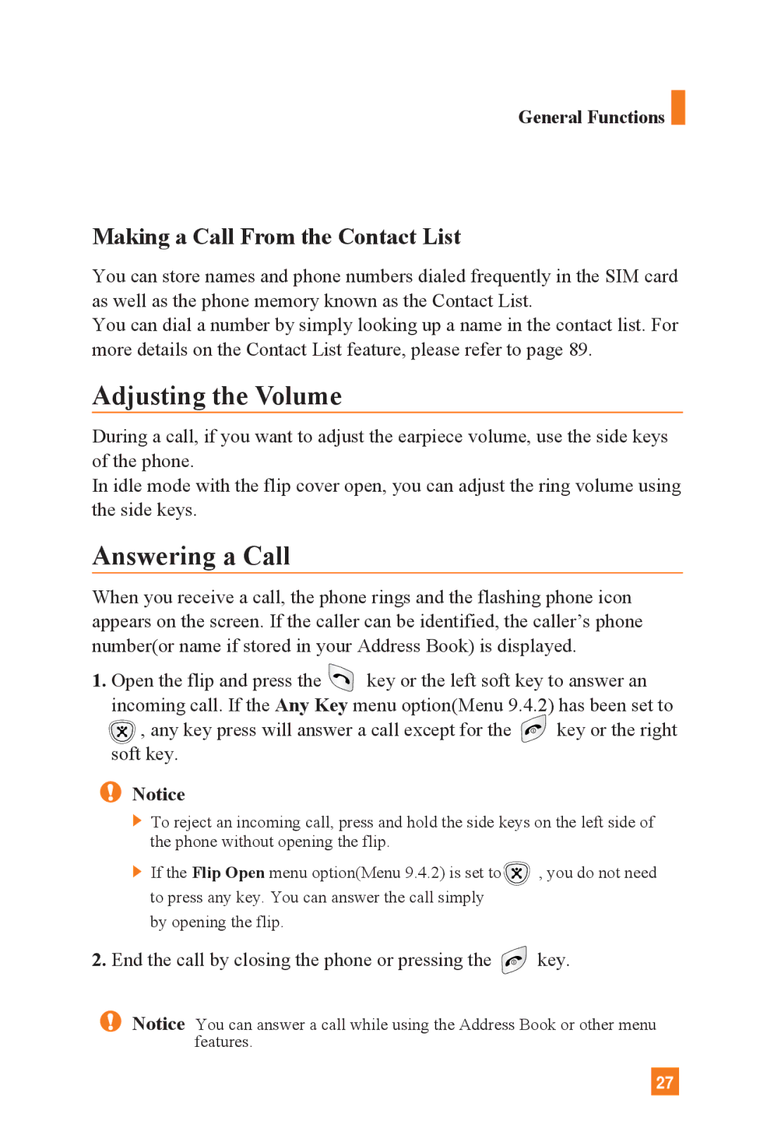 LG Electronics L1400 manual Adjusting the Volume, Answering a Call, Making a Call From the Contact List, General Functions 