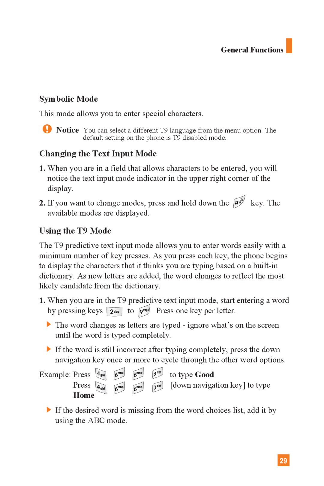 LG Electronics L1400 manual General Functions Symbolic Mode, Changing the Text Input Mode, Using the T9 Mode, Home 