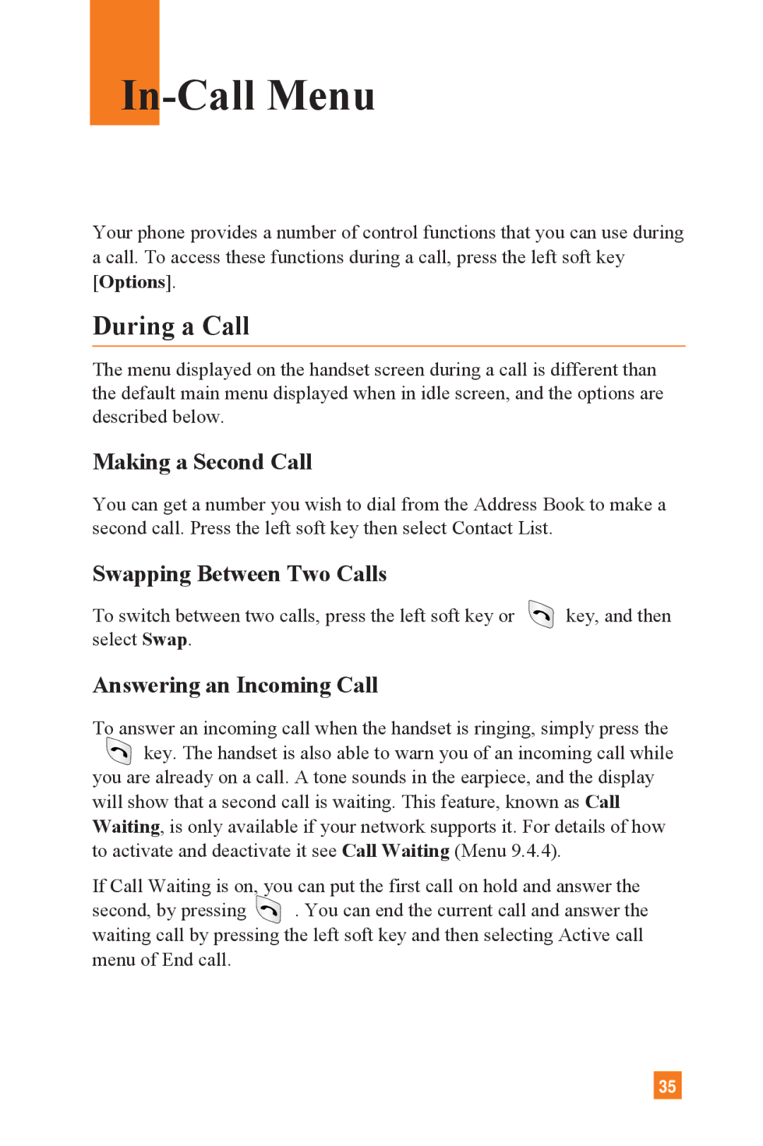 LG Electronics L1400 manual In-Call Menu, During a Call, Making a Second Call, Swapping Between Two Calls 