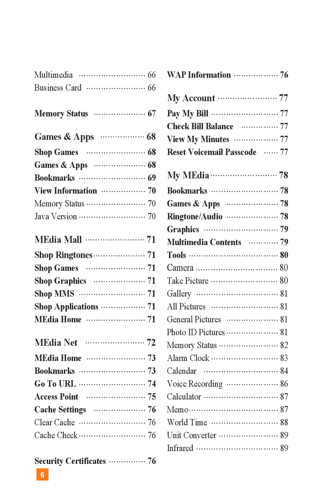 LG Electronics L1400 manual My Account, Games & Apps, My MEdia, MEdia Mall, Camera, MEdia Net 