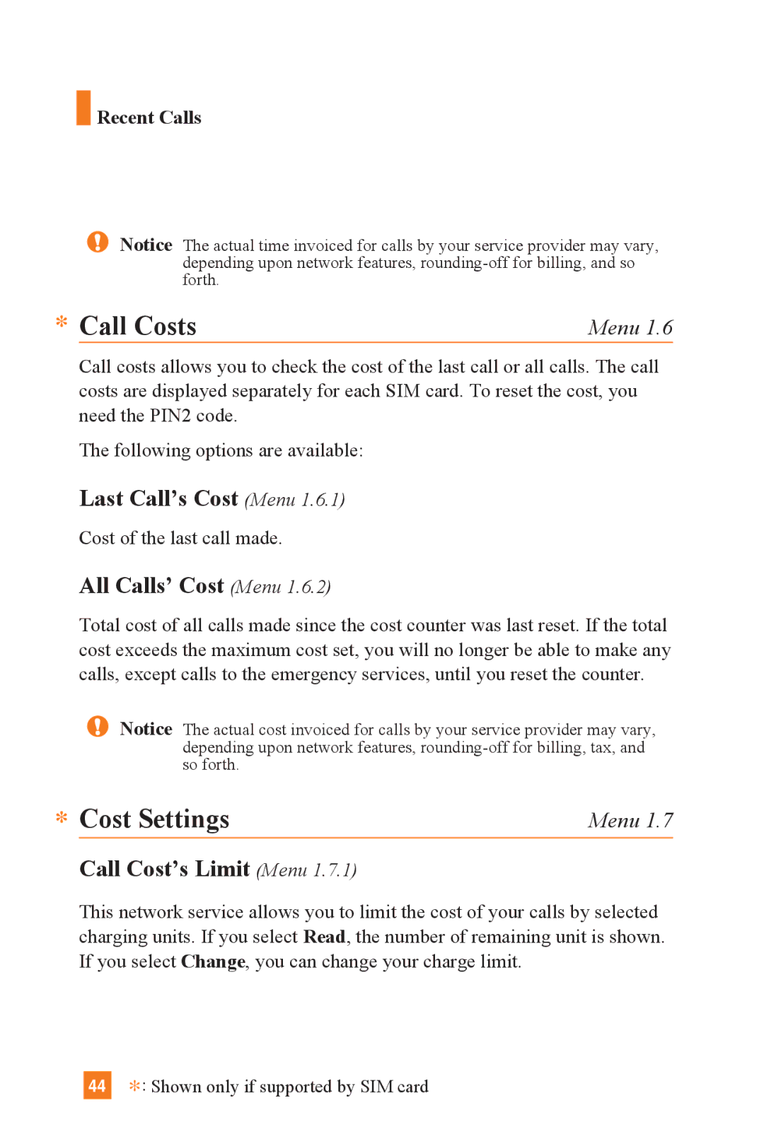 LG Electronics L1400 manual Call Costs, Cost Settings, Last Call’s Cost Menu, All Calls’ Cost Menu, Call Cost’s Limit Menu 