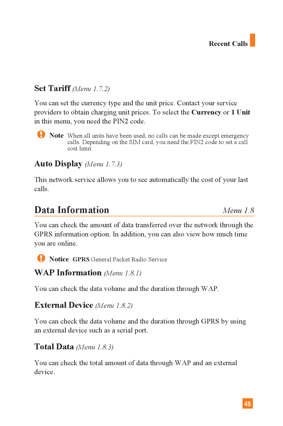 LG Electronics L1400 manual Data Information, Auto Display Menu, WAP Information Menu, External Device Menu 