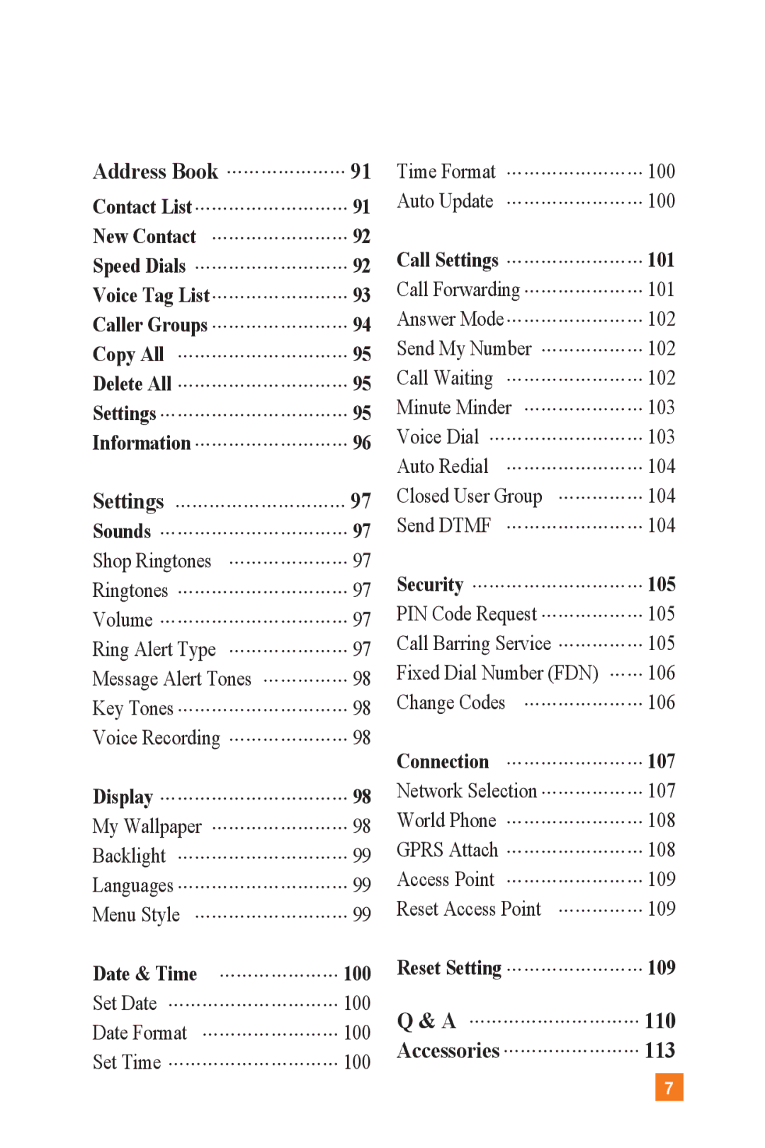 LG Electronics L1400 manual Settings, 110, Accessories 113 