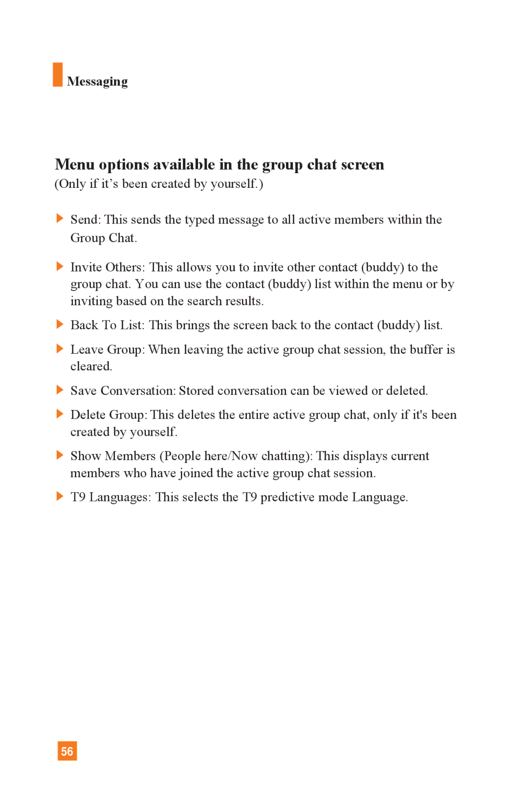 LG Electronics L1400 manual Menu options available in the group chat screen 