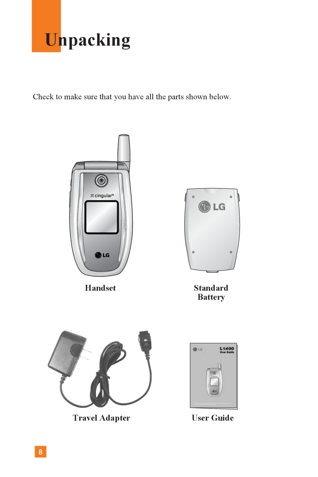 LG Electronics L1400 manual Unpacking, Handset Standard Battery Travel Adapter 