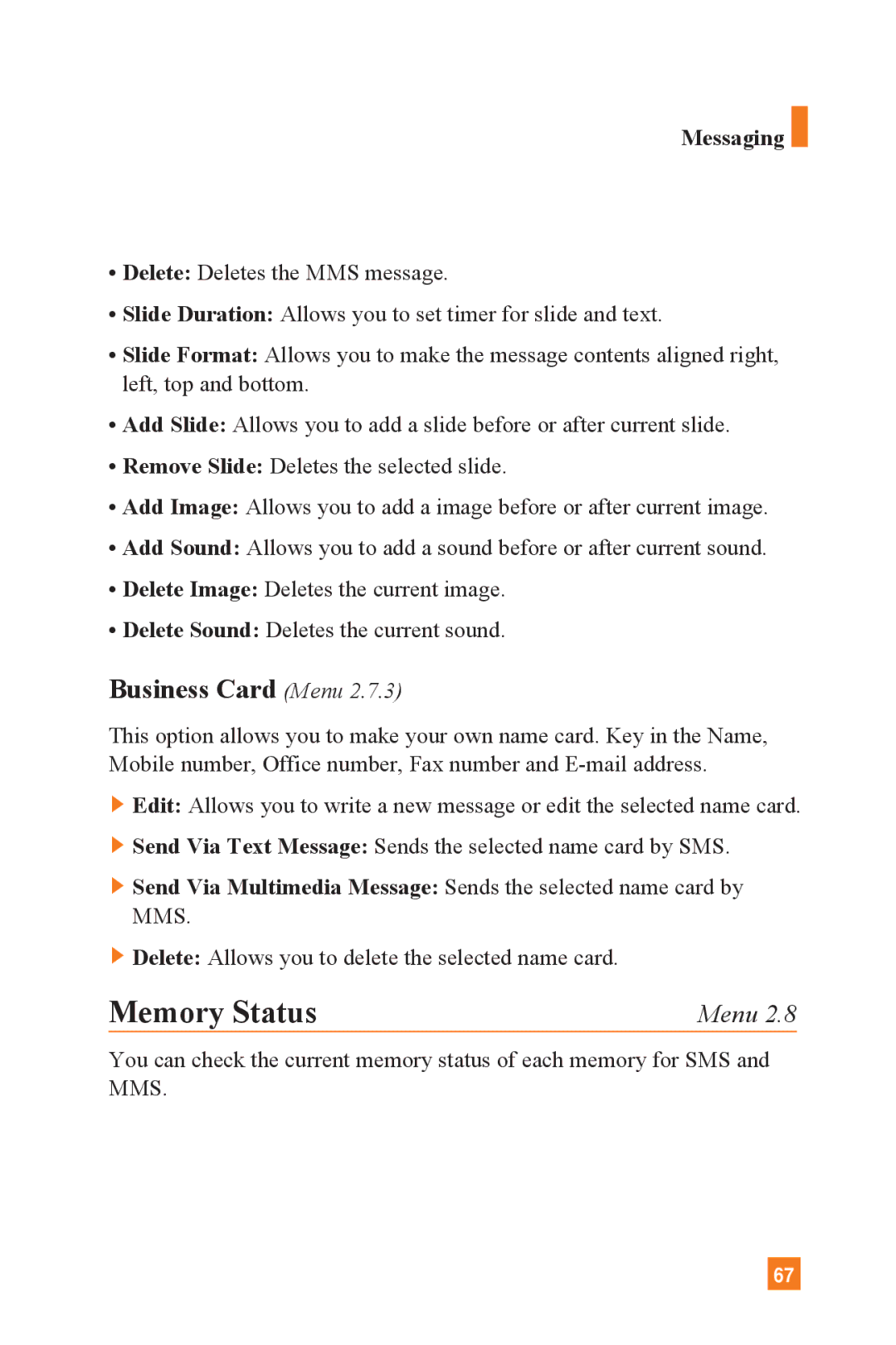 LG Electronics L1400 manual Memory Status, Business Card Menu 