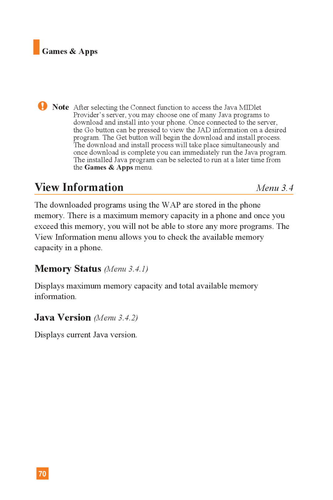 LG Electronics L1400 manual View Information, Memory Status Menu, Java Version Menu 