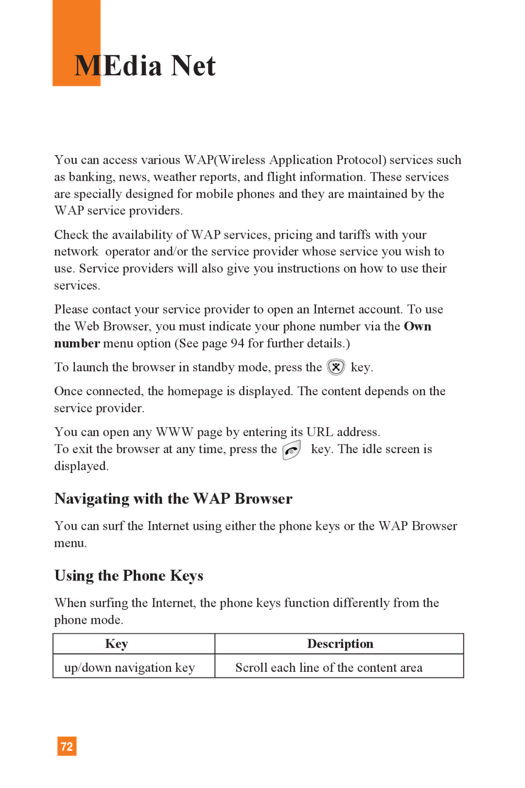 LG Electronics L1400 manual MEdia Net, Navigating with the WAP Browser, Using the Phone Keys 