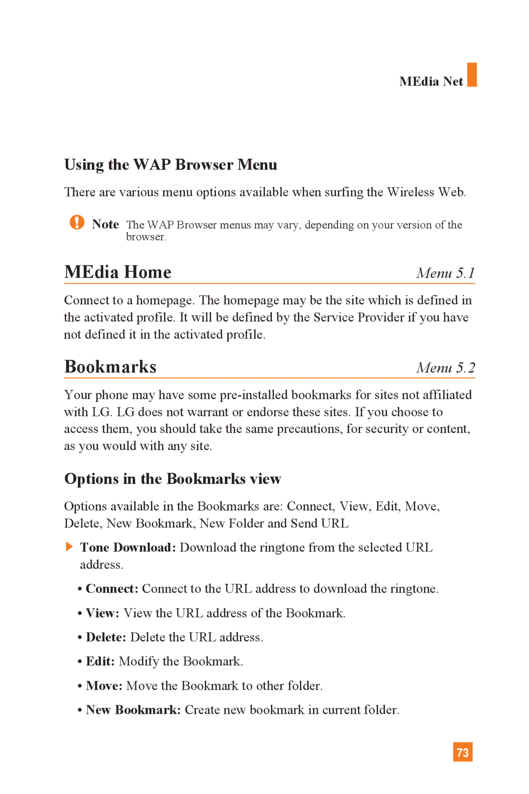 LG Electronics L1400 manual Using the WAP Browser Menu, Options in the Bookmarks view, MEdia Net 