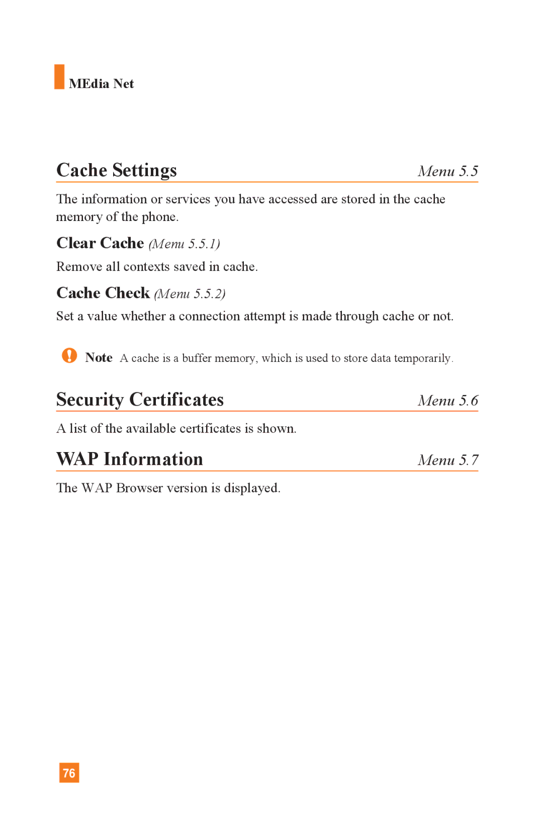 LG Electronics L1400 manual Cache Settings, Security Certificates, WAP Information, Clear Cache Menu, Cache Check Menu 