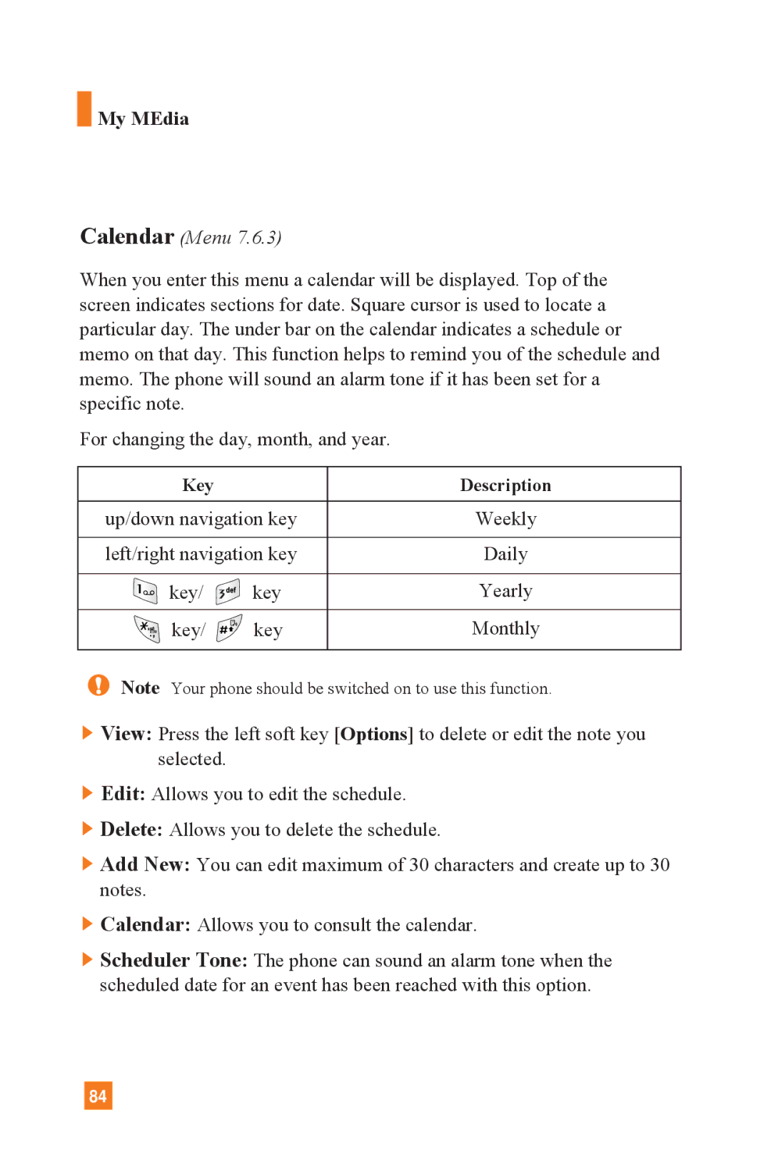 LG Electronics L1400 manual Calendar Menu 