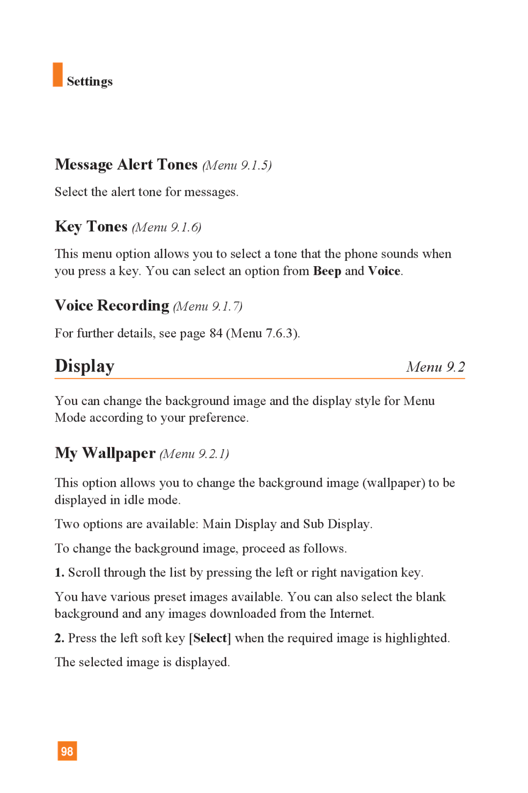 LG Electronics L1400 manual Display, Message Alert Tones Menu, My Wallpaper Menu, Key Tones Menu 
