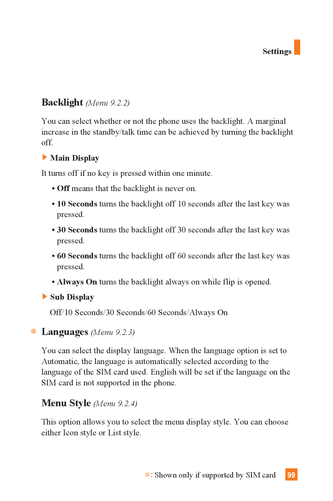 LG Electronics L1400 manual Backlight Menu, Main Display, Sub Display, Menu Style Menu 