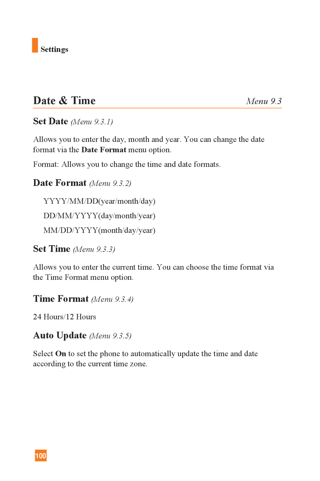 LG Electronics L1400 manual Date & Time, Date Format Menu, Time Format Menu, Auto Update Menu 