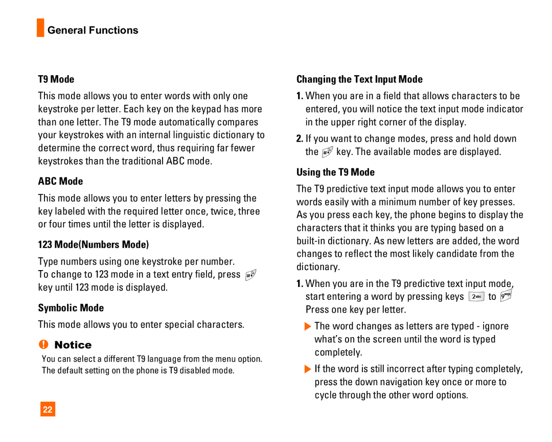 LG Electronics L1400i General Functions T9 Mode, ABC Mode, ModeNumbers Mode, Symbolic Mode, Changing the Text Input Mode 