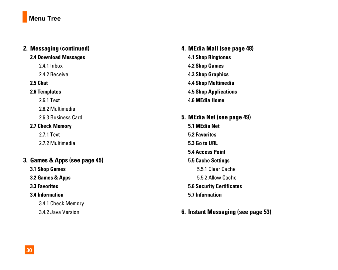 LG Electronics L1400i manual Menu Tree Messaging, Games & Apps see, MEdia Mall see, MEdia Net see, Instant Messaging see 