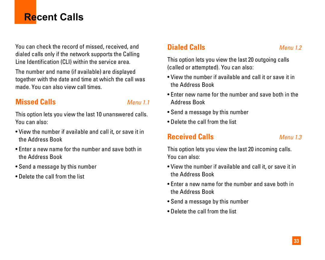 LG Electronics L1400i manual Recent Calls, Missed Calls, Dialed Calls, Received Calls 