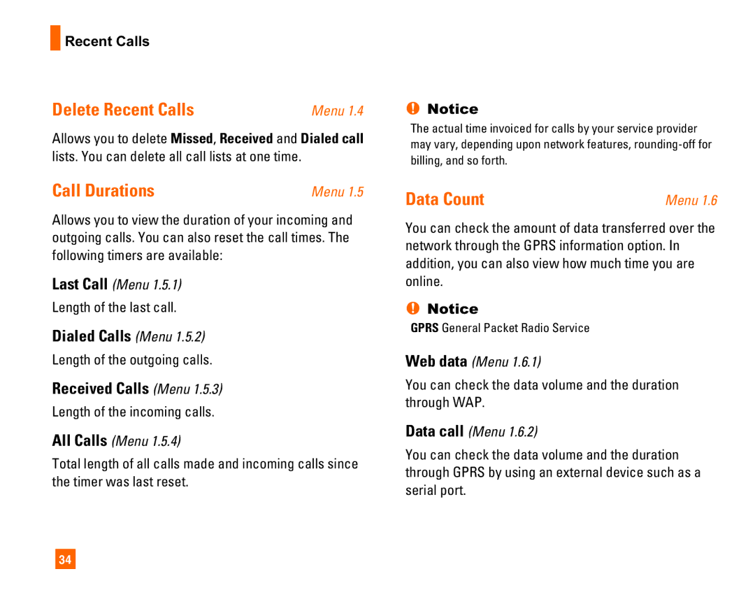LG Electronics L1400i manual Delete Recent Calls, Call Durations, Data Count, Dialed Calls Menu, Received Calls Menu 