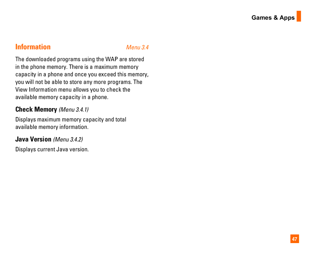 LG Electronics L1400i manual Information, Check Memory Menu, Java Version Menu, Displays current Java version 