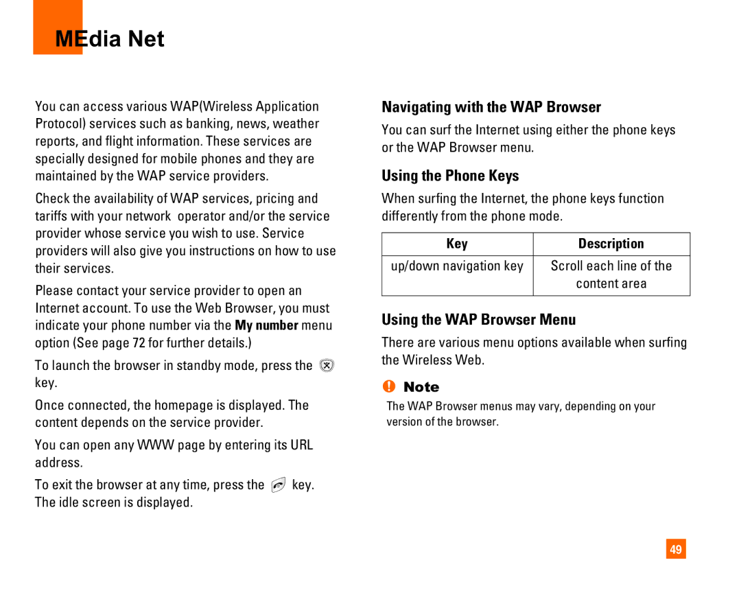 LG Electronics L1400i manual MEdia Net, Navigating with the WAP Browser, Using the Phone Keys, Using the WAP Browser Menu 