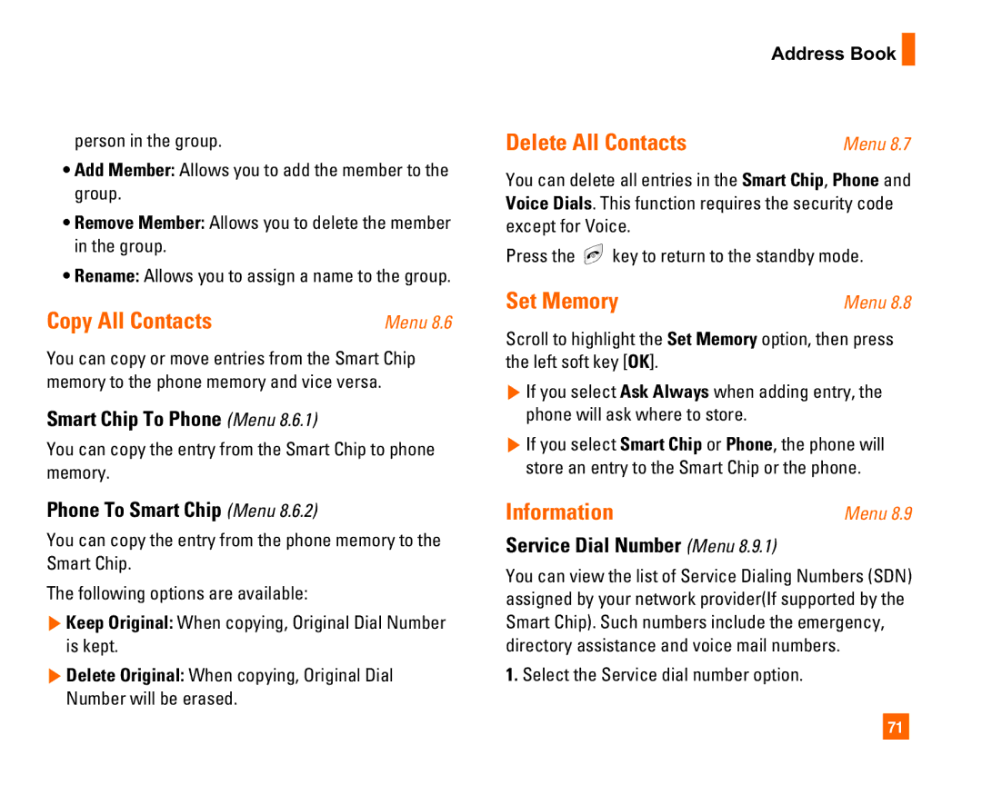 LG Electronics L1400i manual Copy All Contacts, Delete All Contacts, Set Memory 