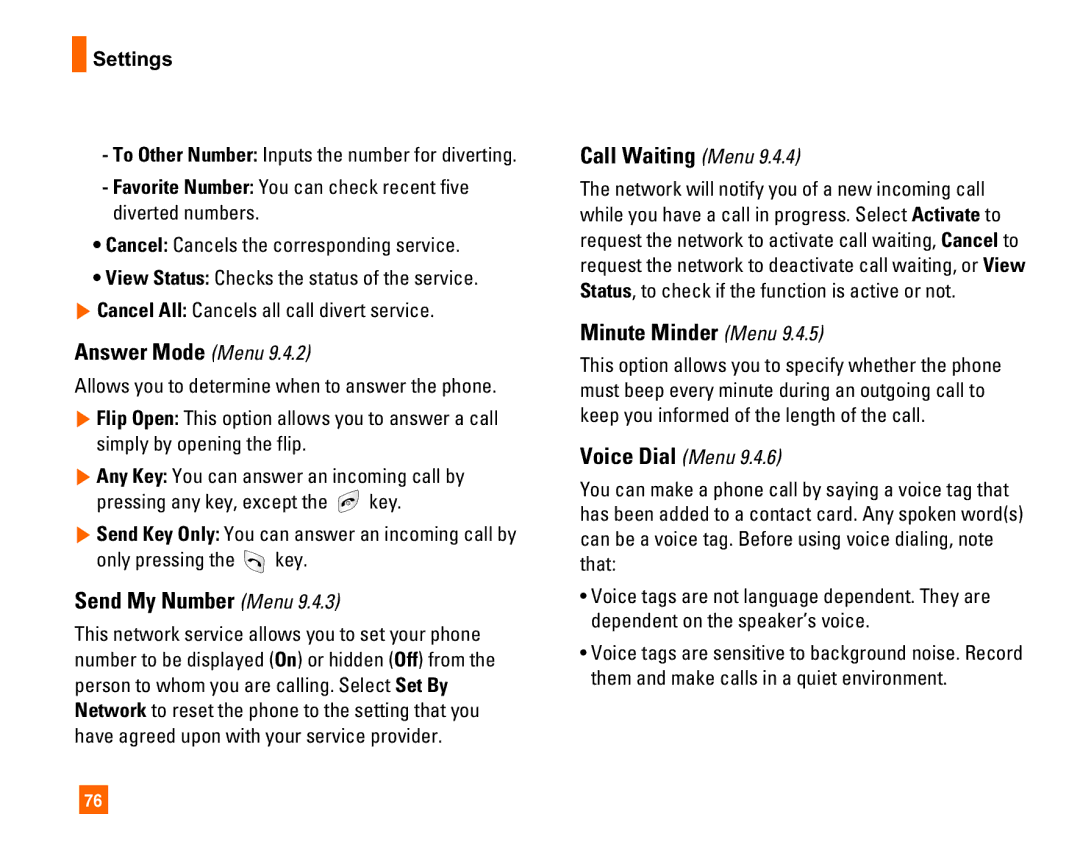 LG Electronics L1400i manual Answer Mode Menu, Send My Number Menu, Call Waiting Menu, Minute Minder Menu 