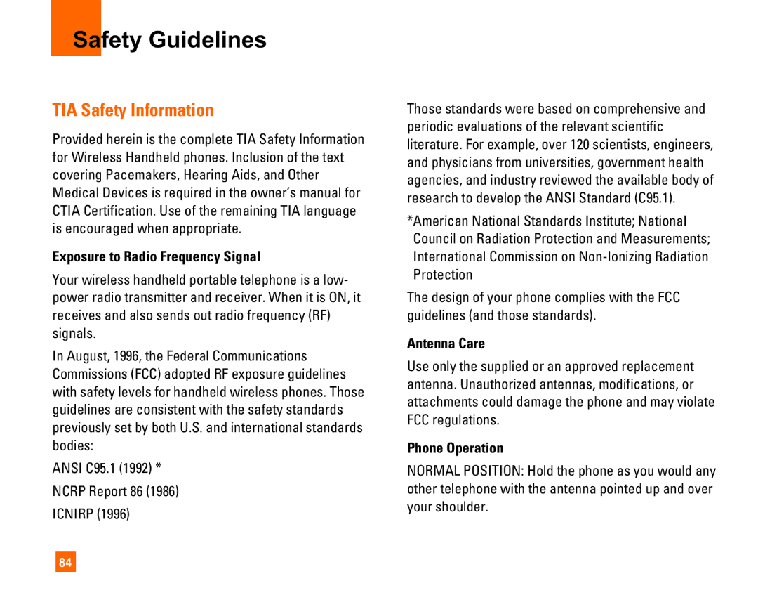 LG Electronics L1400i manual Safety Guidelines, TIA Safety Information, Exposure to Radio Frequency Signal, Antenna Care 