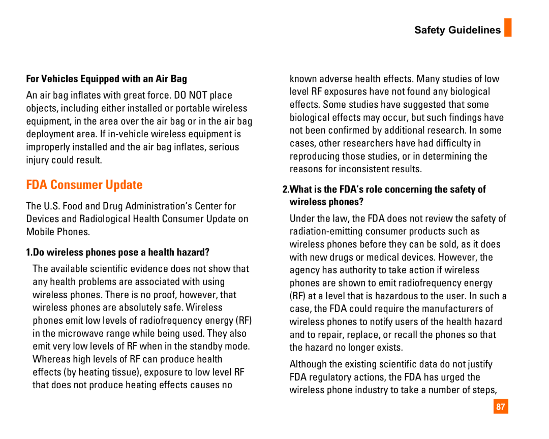 LG Electronics L1400i FDA Consumer Update, For Vehicles Equipped with an Air Bag, Do wireless phones pose a health hazard? 