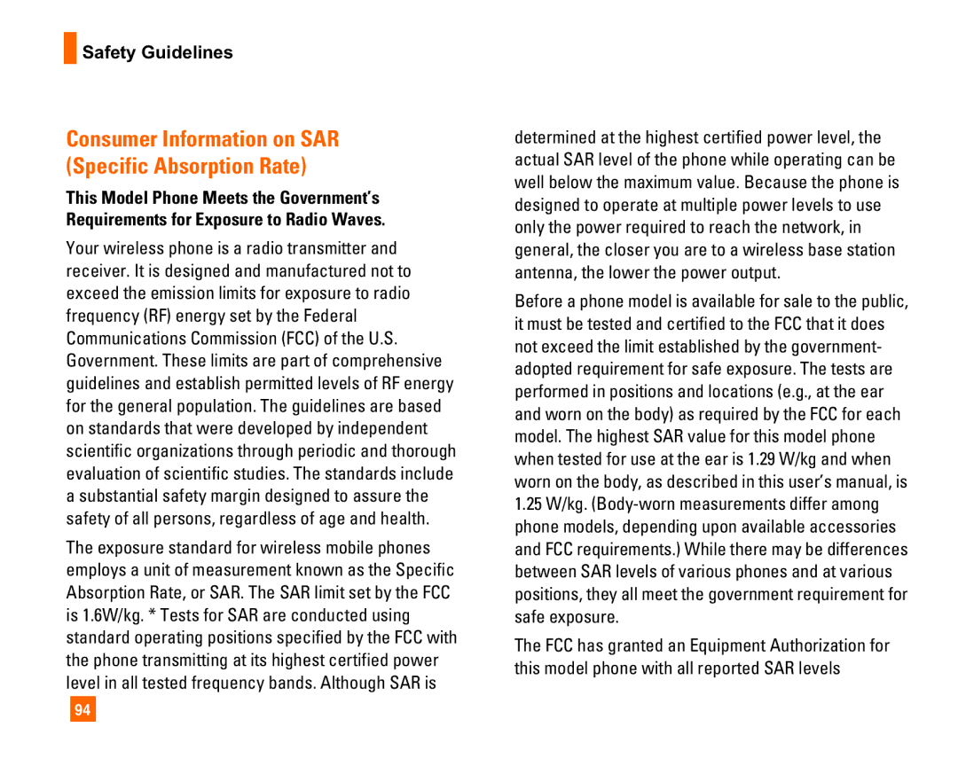 LG Electronics L1400i manual Consumer Information on SAR Specific Absorption Rate 