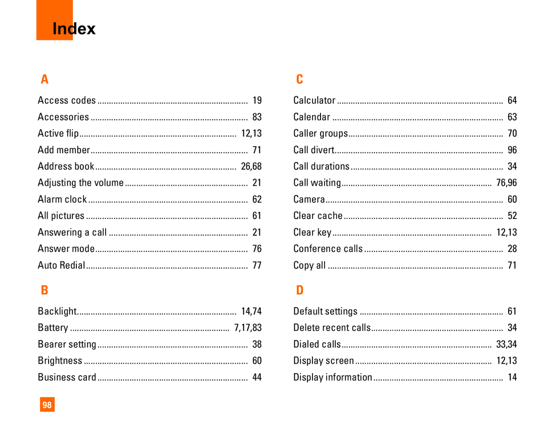 LG Electronics L1400i manual Index, 12,13, 26,68, 14,74 