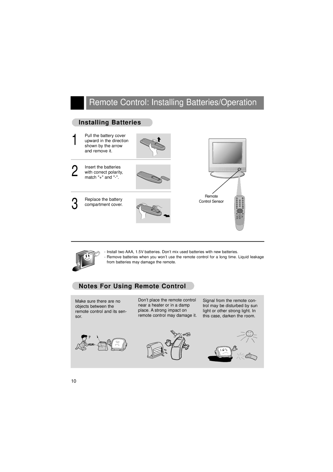 LG Electronics L15V26D warranty Remote Control Installing Batteries/Operation 