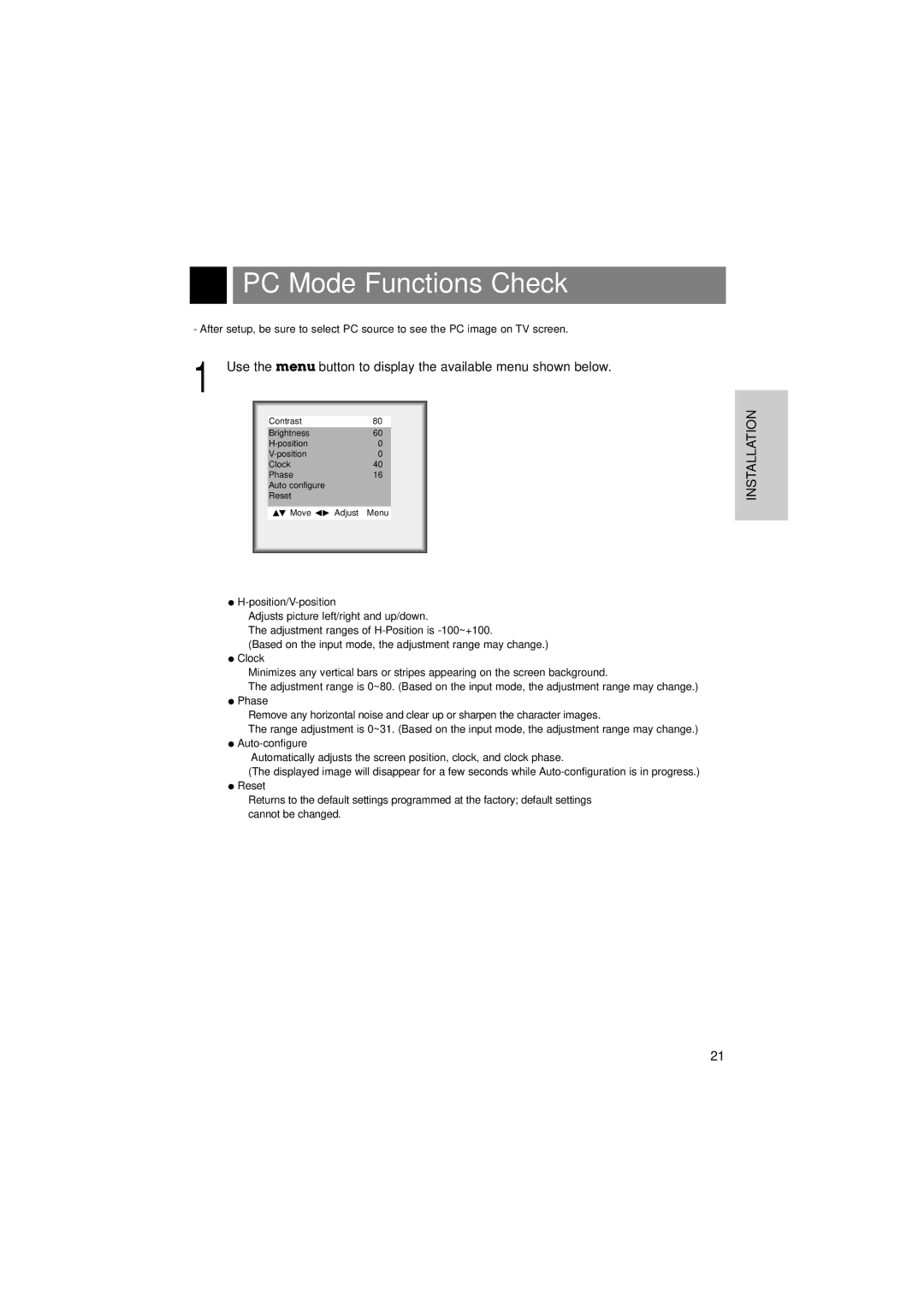 LG Electronics L15V26D warranty PC Mode Functions Check 