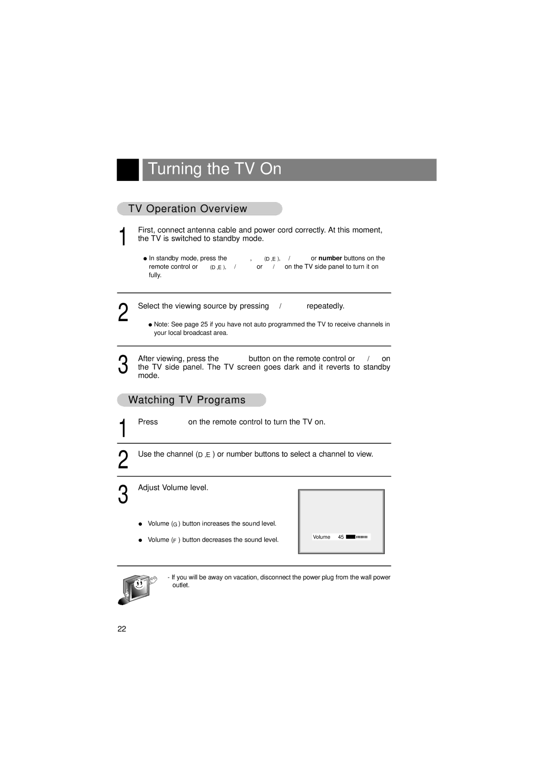 LG Electronics L15V26D warranty Turning the TV On, TV Operation Overview, Watching TV Programs 