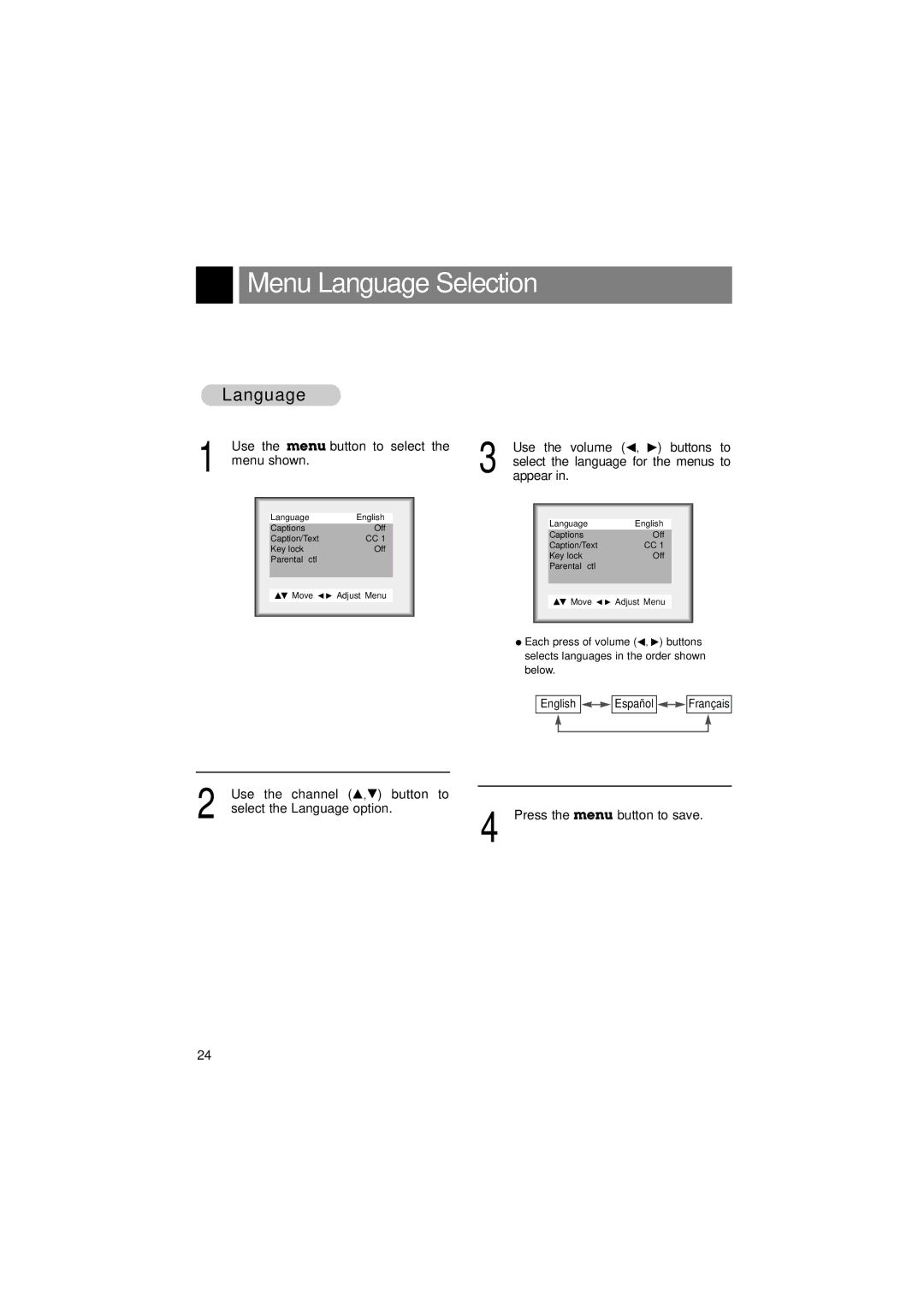 LG Electronics L15V26D warranty Menu Language Selection 