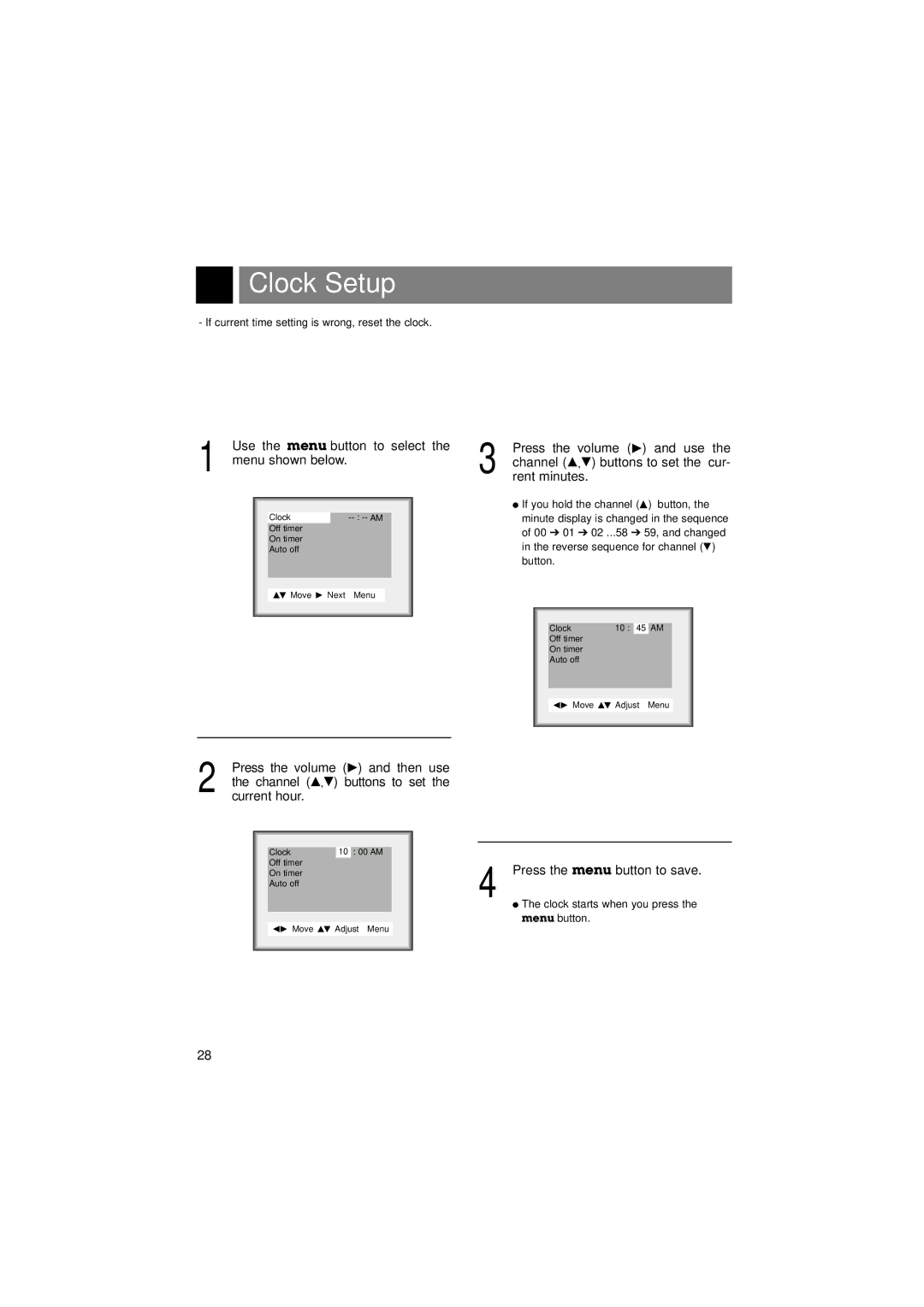 LG Electronics L15V26D warranty Clock Setup, Press the menu button to save 