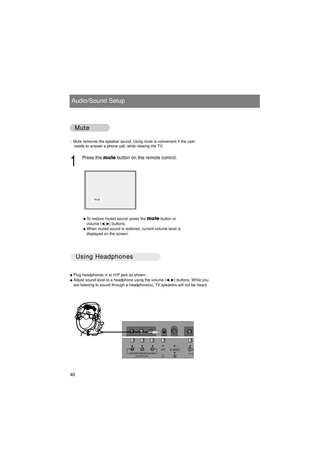 LG Electronics L15V26D warranty Mute, Using Headphones, Press the mute button on the remote control 