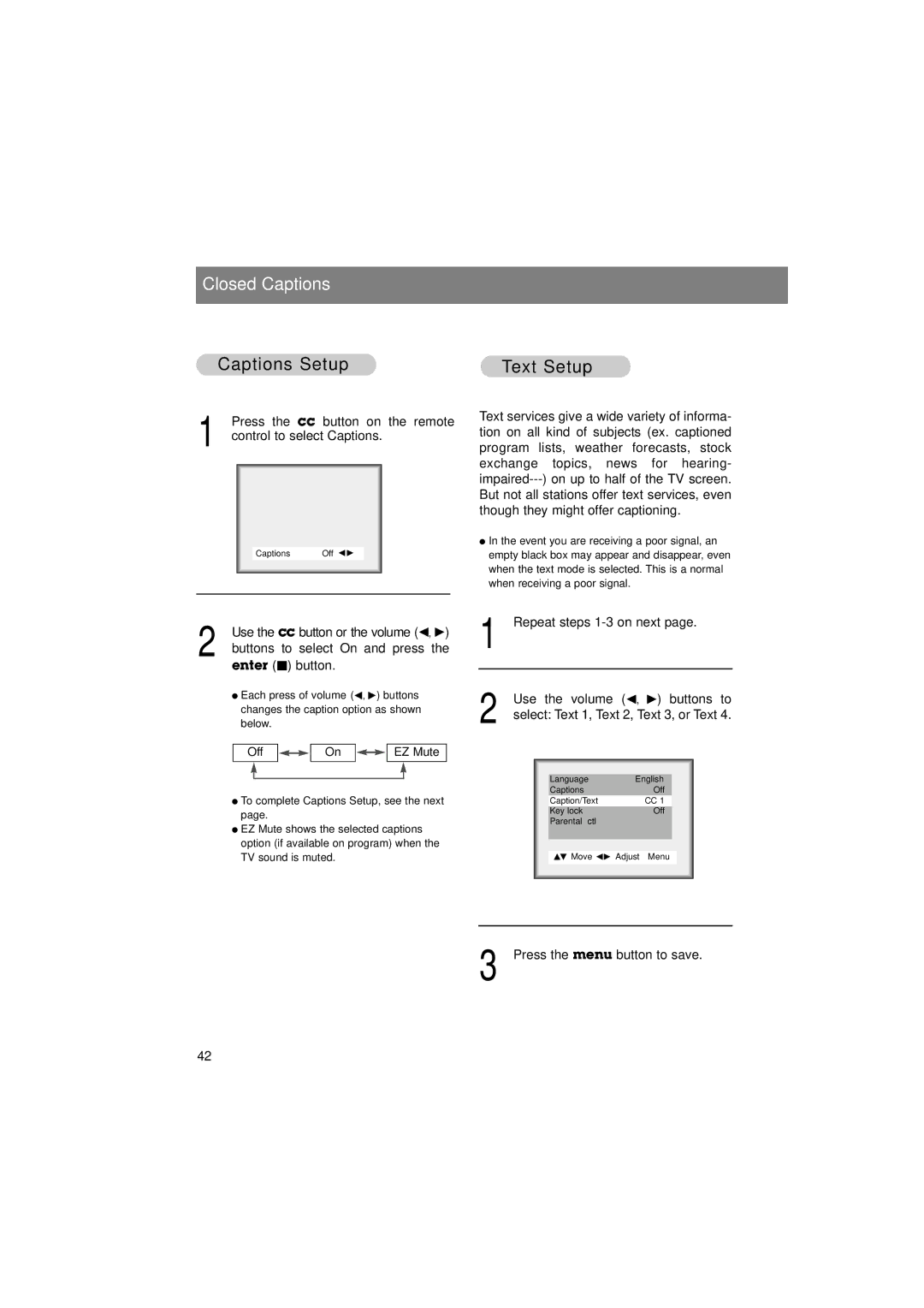 LG Electronics L15V26D warranty Closed Captions, Captions Setup, Text Setup 