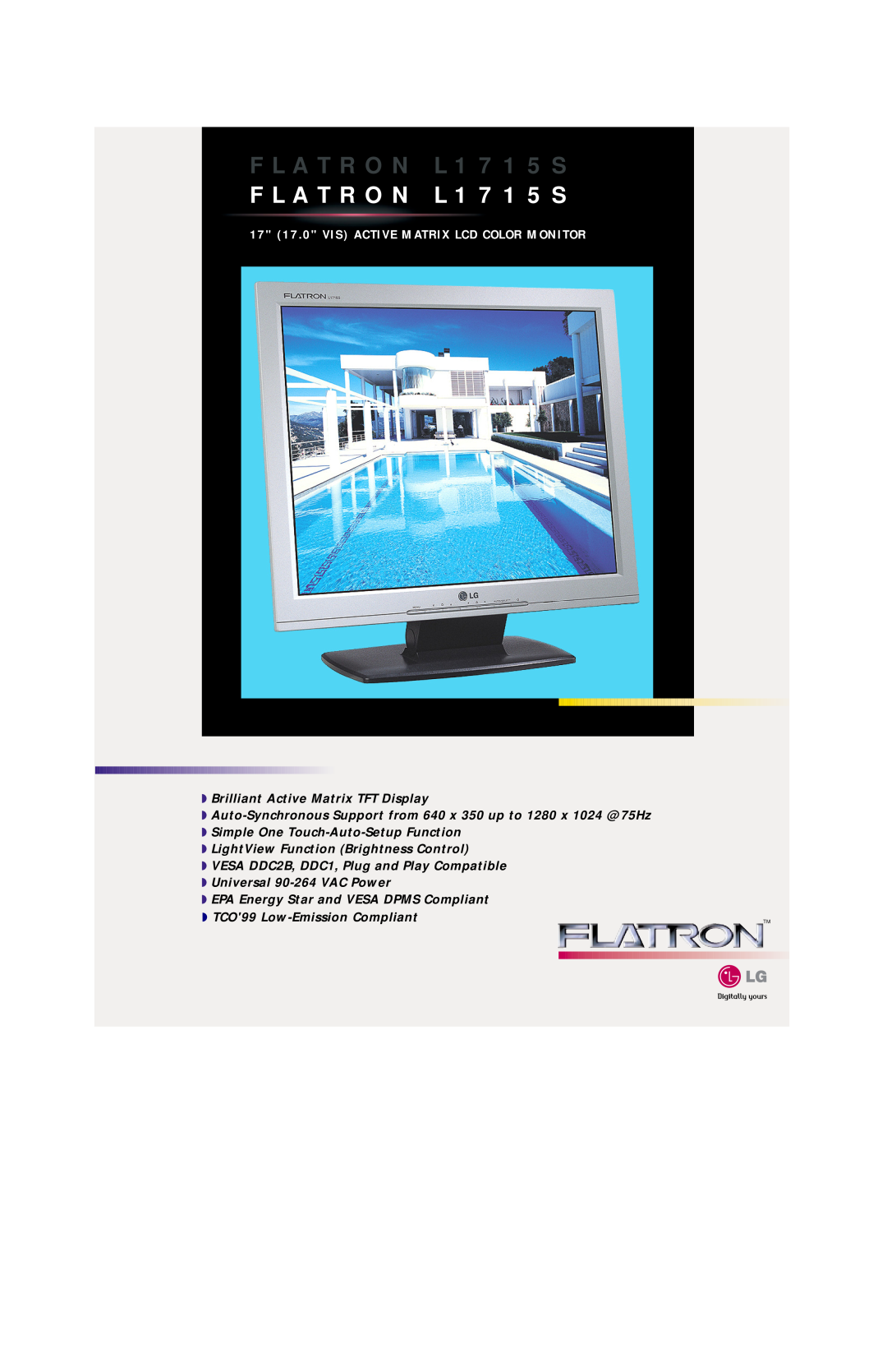 LG Electronics manual FLATRON L1715S, 17 17.0 VIS ACTIVE MATRIX LCD COLOR MONITOR, Brilliant Active Matrix TFT Display 