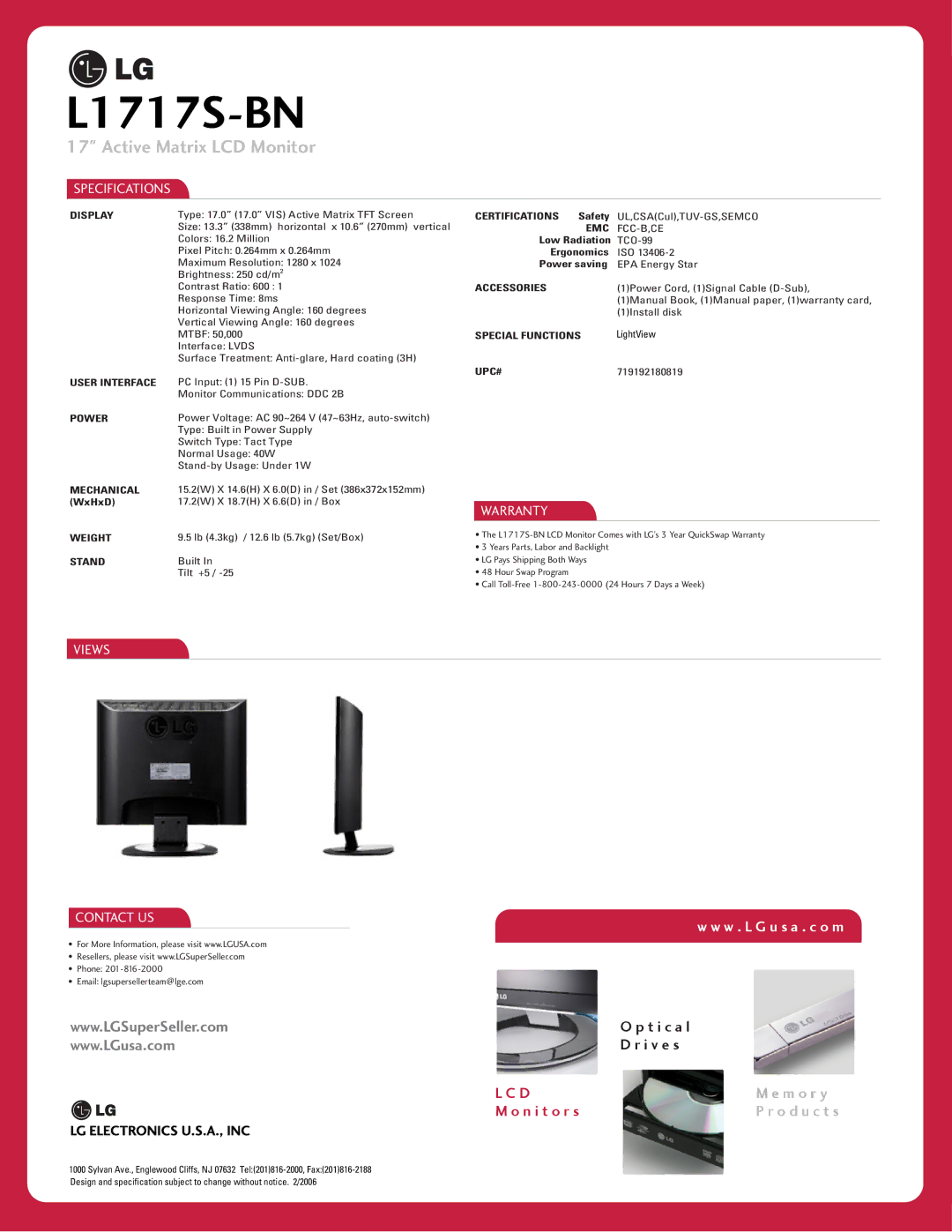 LG Electronics L1717S-BN manual Specifications, Views, Warranty, Contact US 