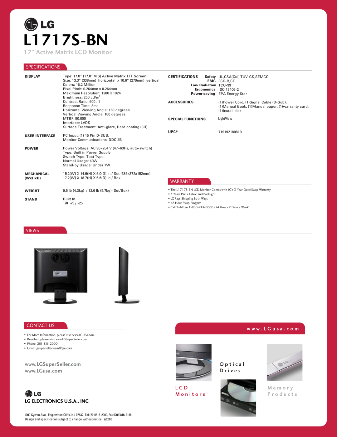 LG Electronics L1717S-BN Active Matrix LCD Monitor, w w w . L G u s a . c o m, O p t i c a l D r i v e s, L C D, Warranty 