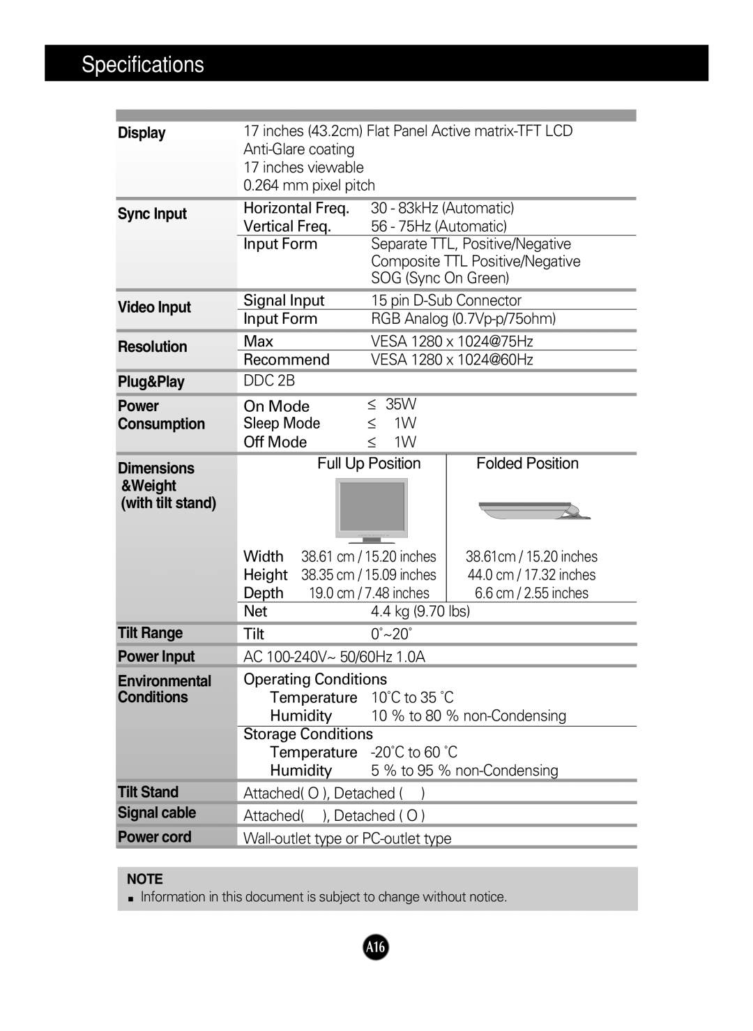 LG Electronics L1717S manual Specifications 