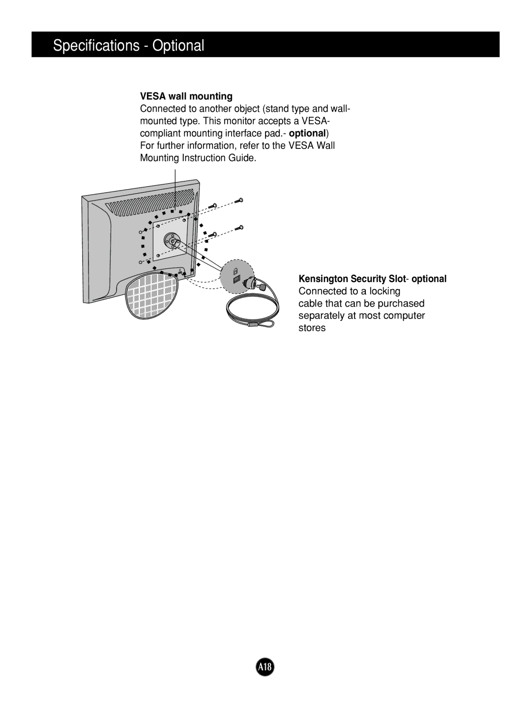 LG Electronics L1717S manual Specifications Optional, Vesa wall mounting 