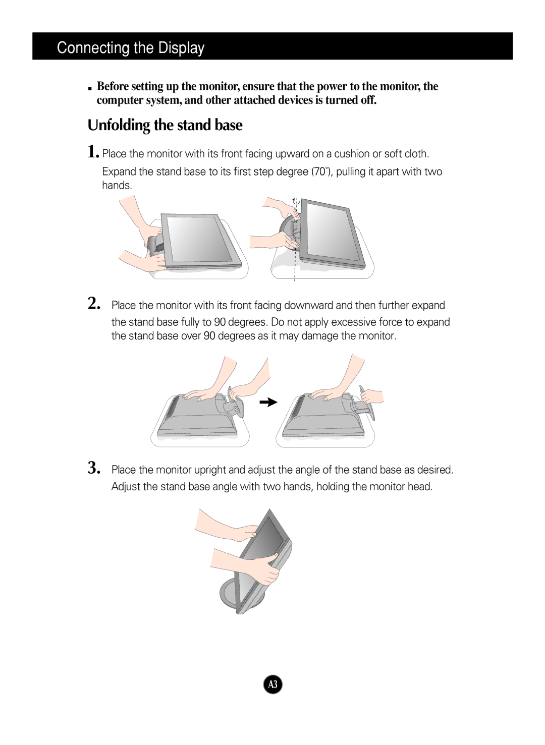 LG Electronics L1717S manual Connecting the Display, Unfolding the stand base 