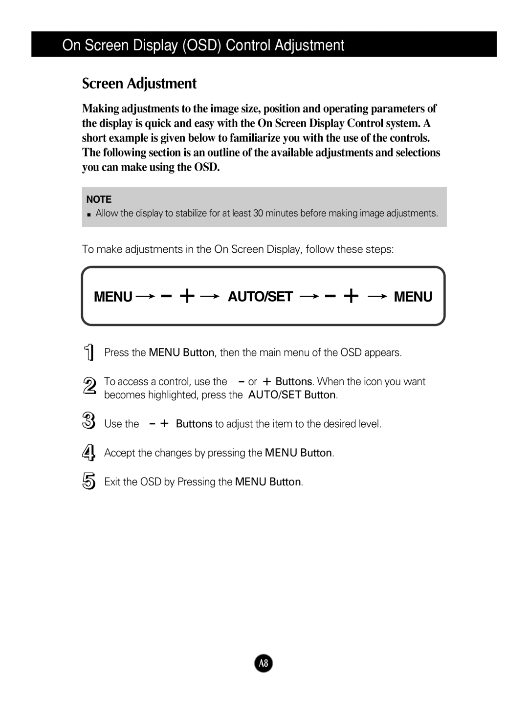 LG Electronics L1717S manual On Screen Display OSD Control Adjustment, Screen Adjustment 