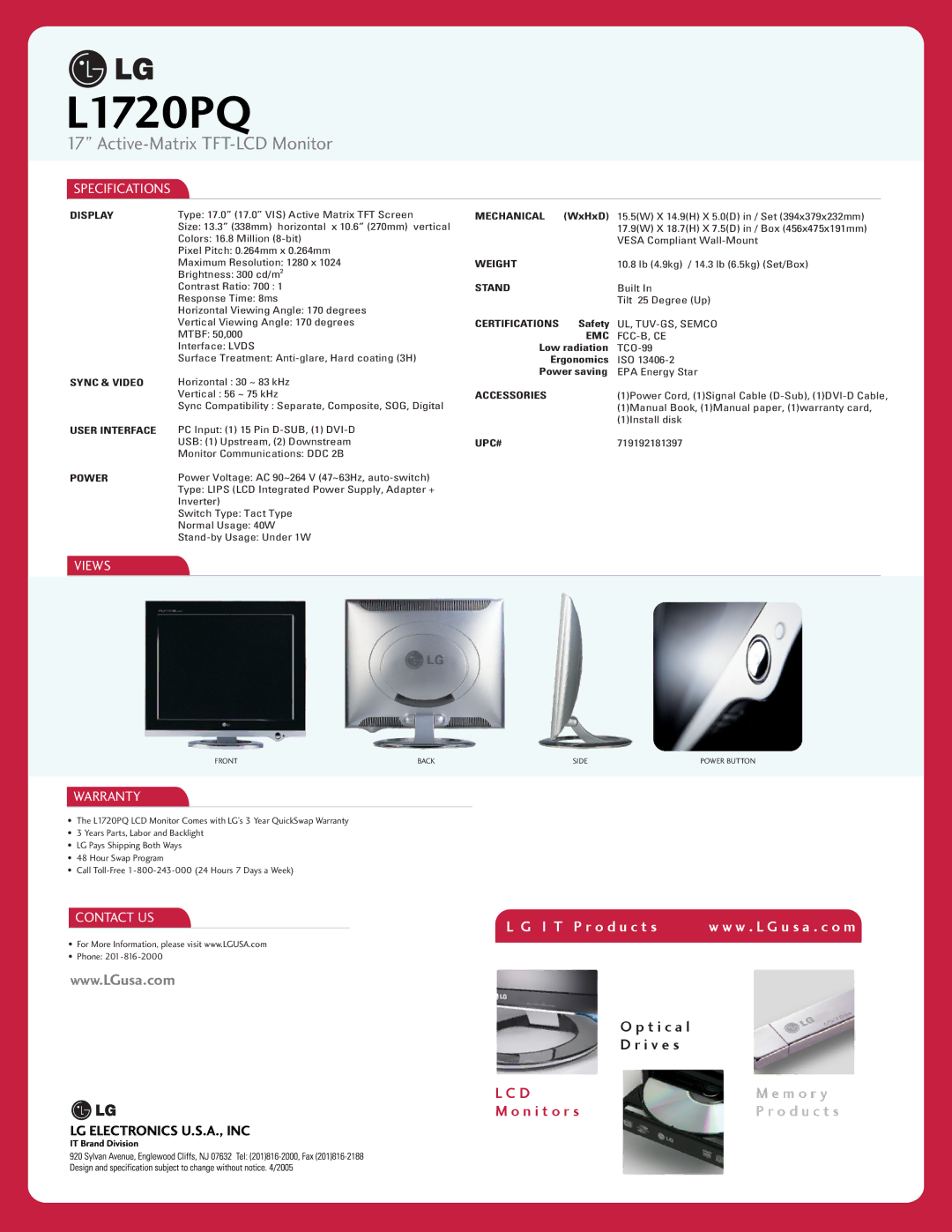 LG Electronics L1720PQ manual Specifications, Views, Warranty, Contact US 