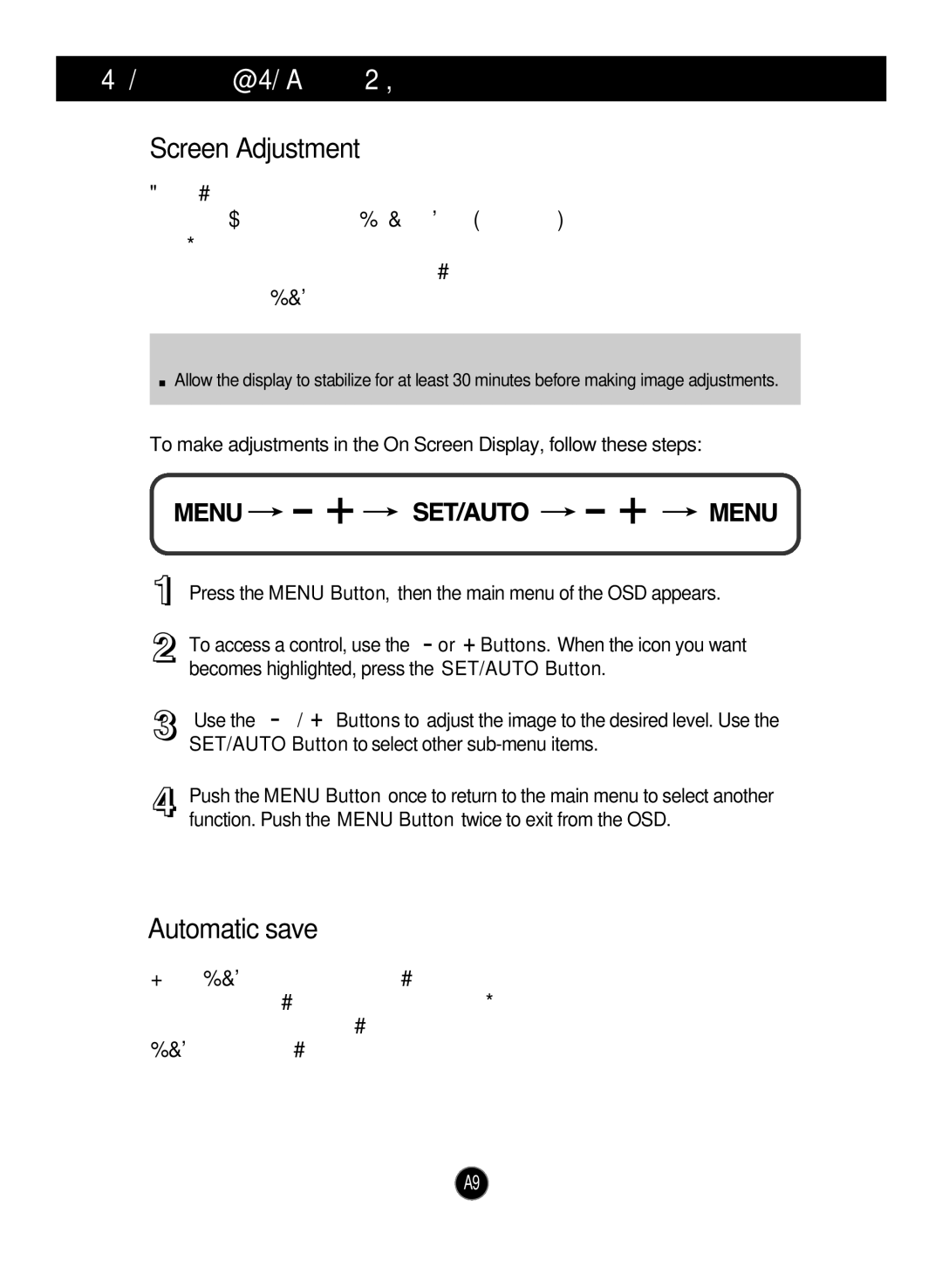 LG Electronics L1730SF manual On Screen Display OSD Control Adjustment, Screen Adjustment, Automatic save 