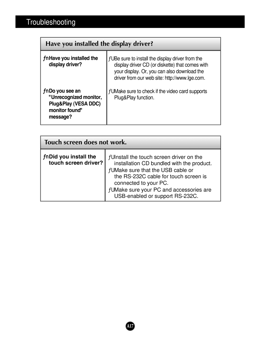 LG Electronics L1730SF manual Have you installed the display driver?, Did you install the touch screen driver? 