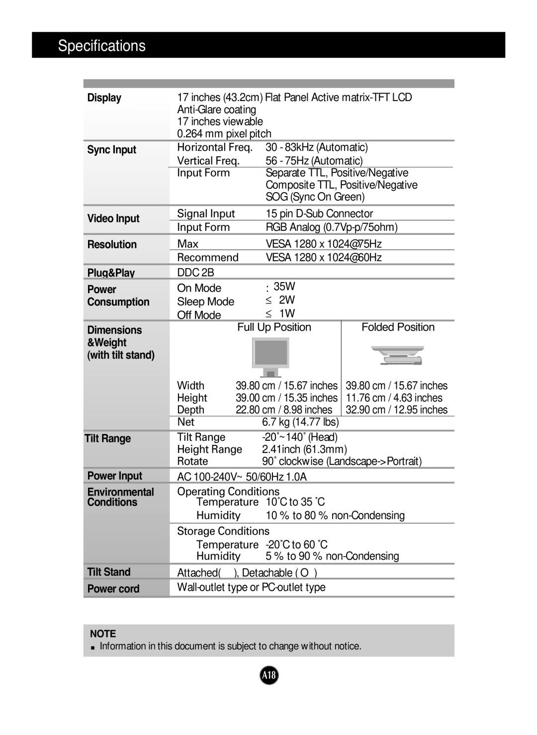 LG Electronics L1730SF manual Specifications 