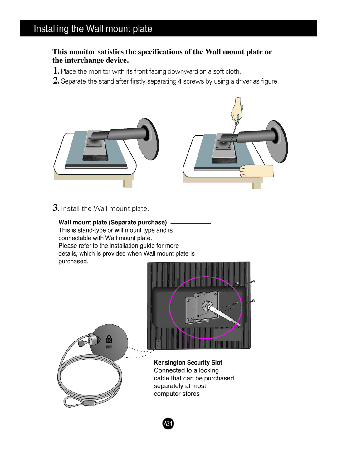 LG Electronics L1942P manual Installing the Wall mount plate, Wall mount plate Separate purchase, Kensington Security Slot 