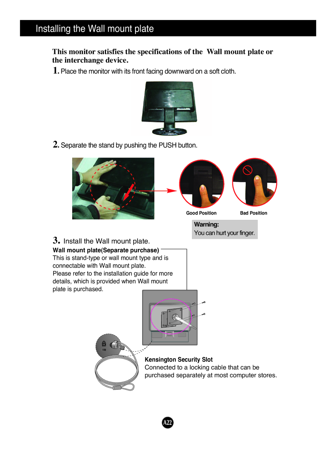 LG Electronics L1942T, L1742T Installing the Wall mount plate, Wall mount plateSeparate purchase, Kensington Security Slot 